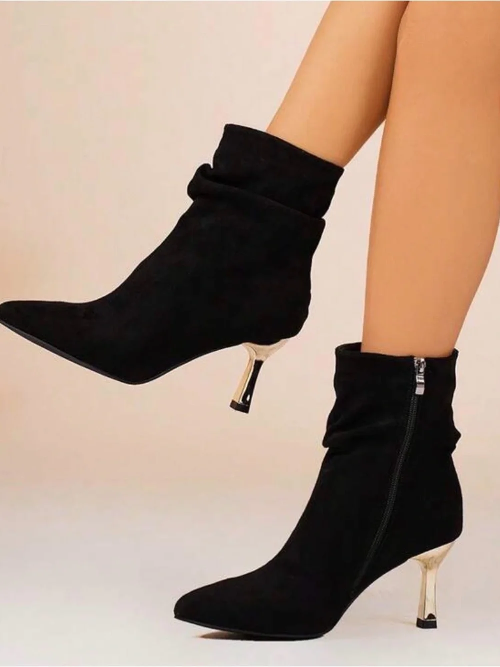 Women's Black Pointed Toe Ankle Boots with Gold Heel Size 10